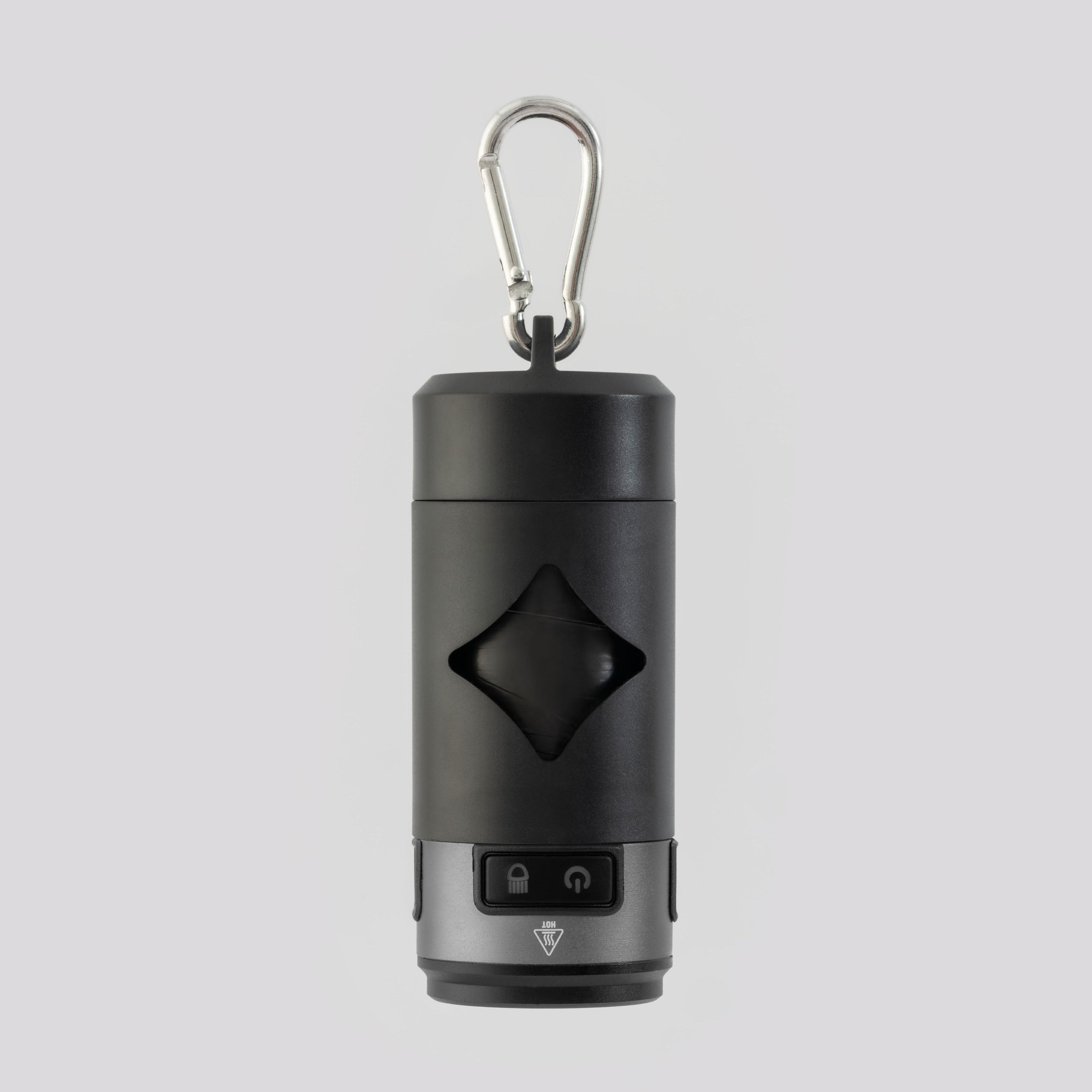 Black dog waste bag holder with a carabiner on a light gray background