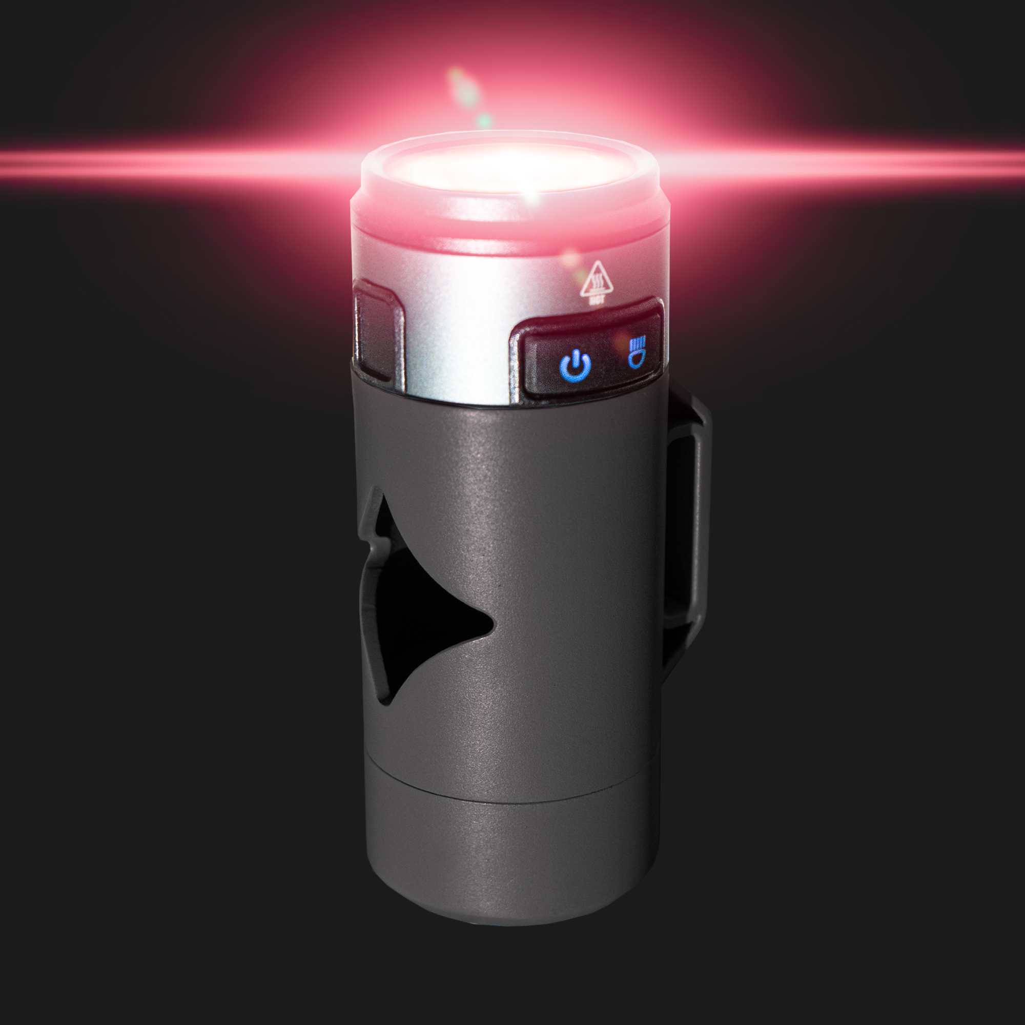 Black handheld waste bag holder with red beam on a black background