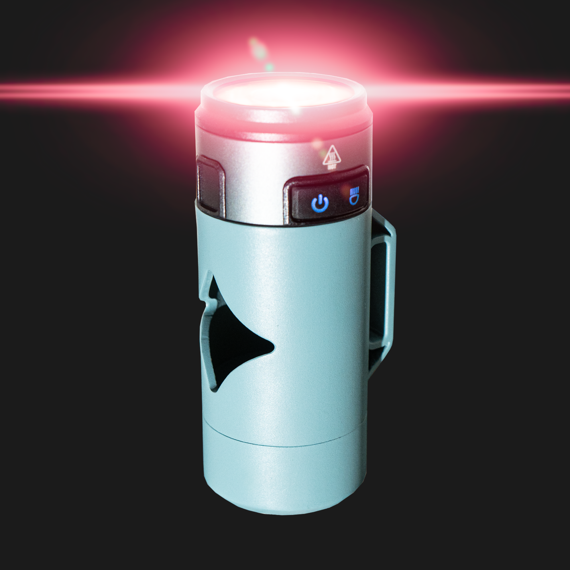 Light blue waste bag holder with red beams and power indicator on a black background