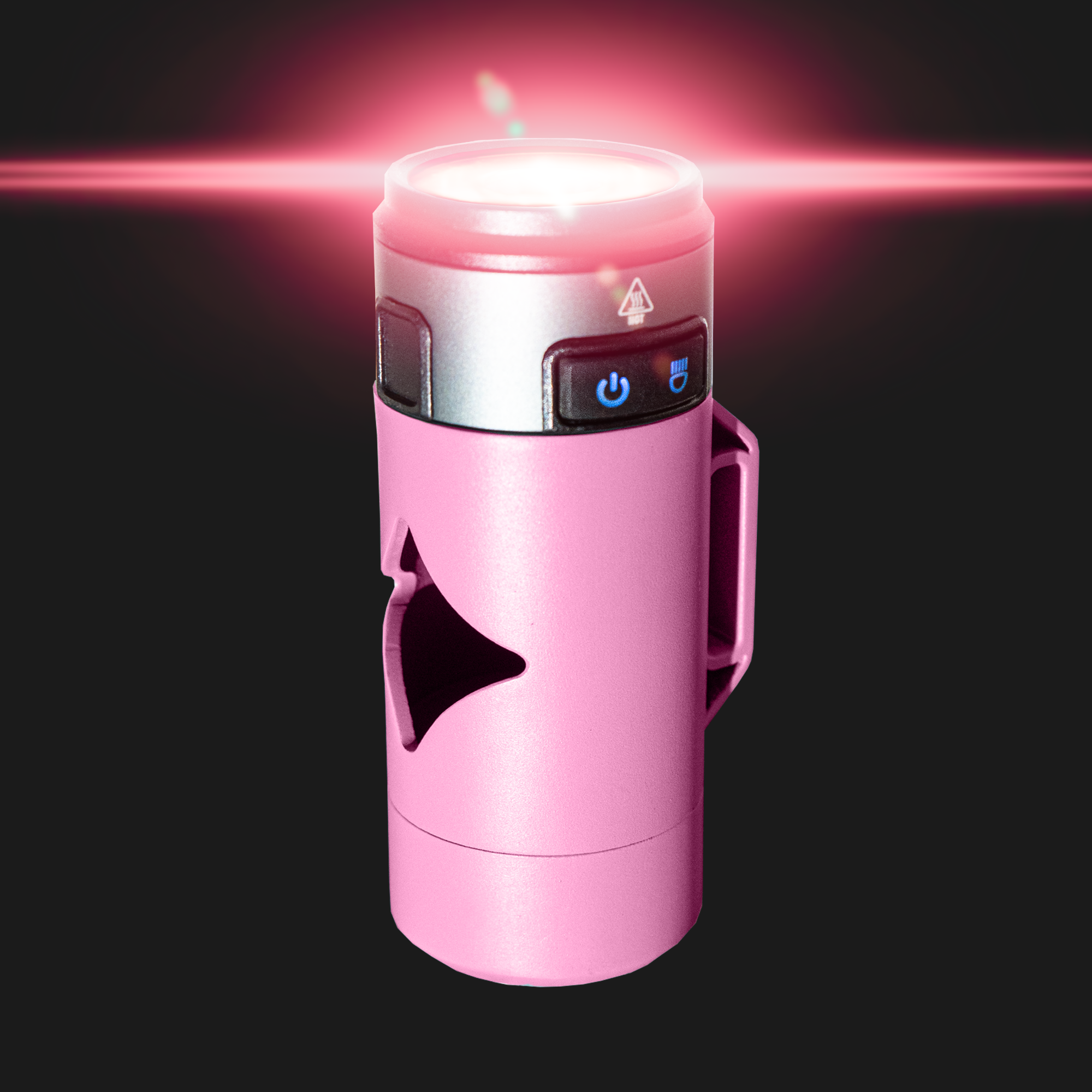 Pink waste bag holder with light beams on a black background