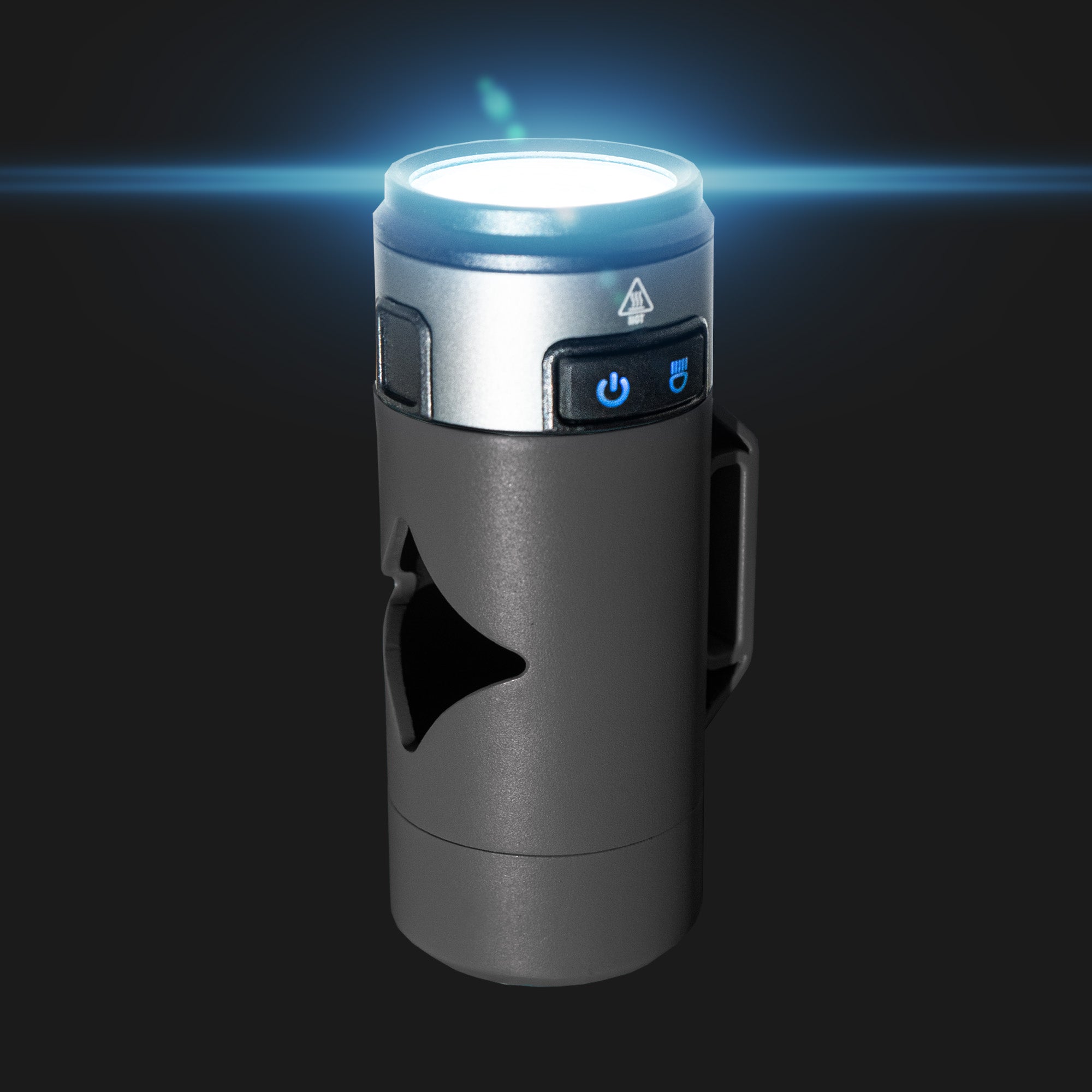 Portable dog poop bag holder with built-in LED light attached to a leash during nighttime walk