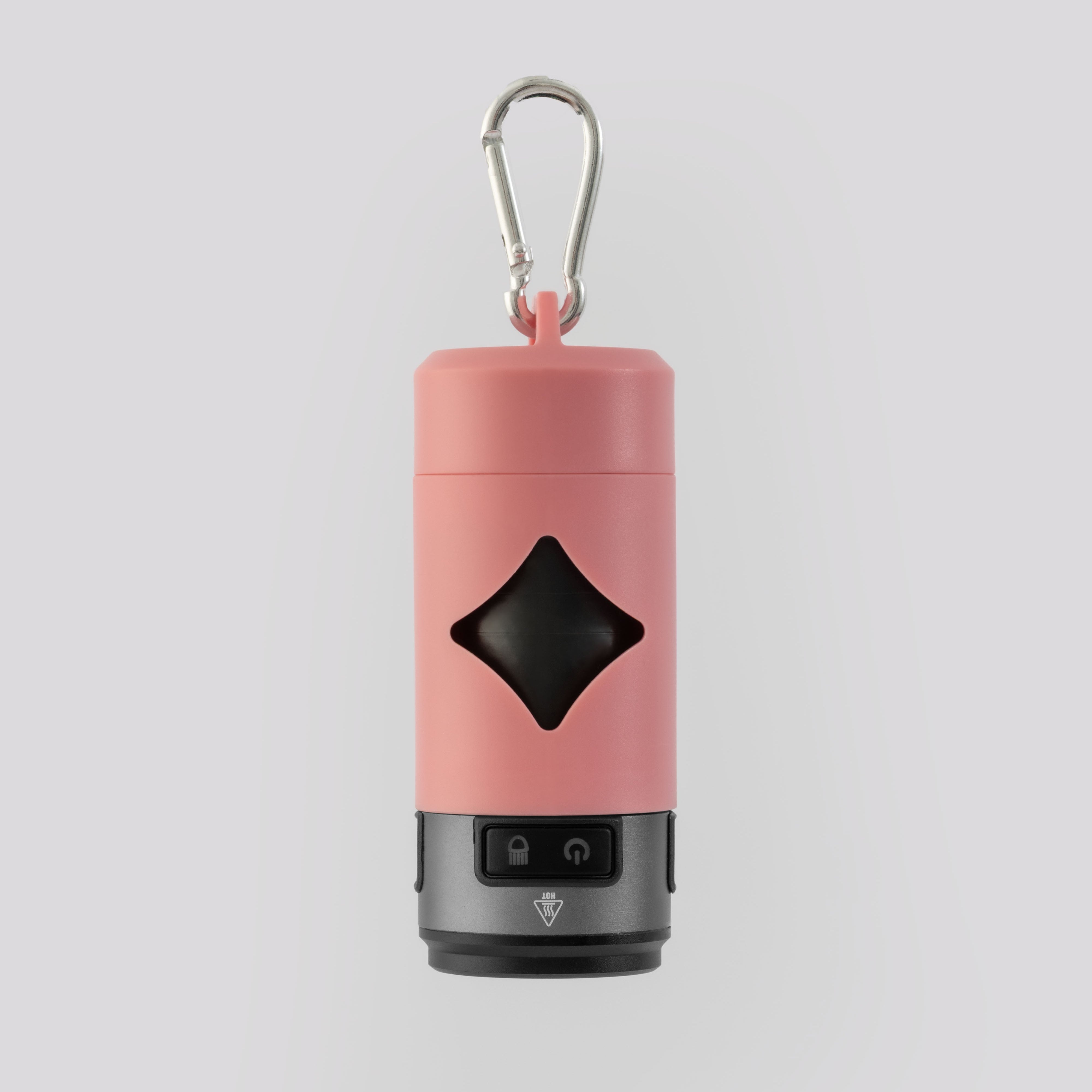 Pink dog waste bag holder with a black accent and carabiner on a light gray background