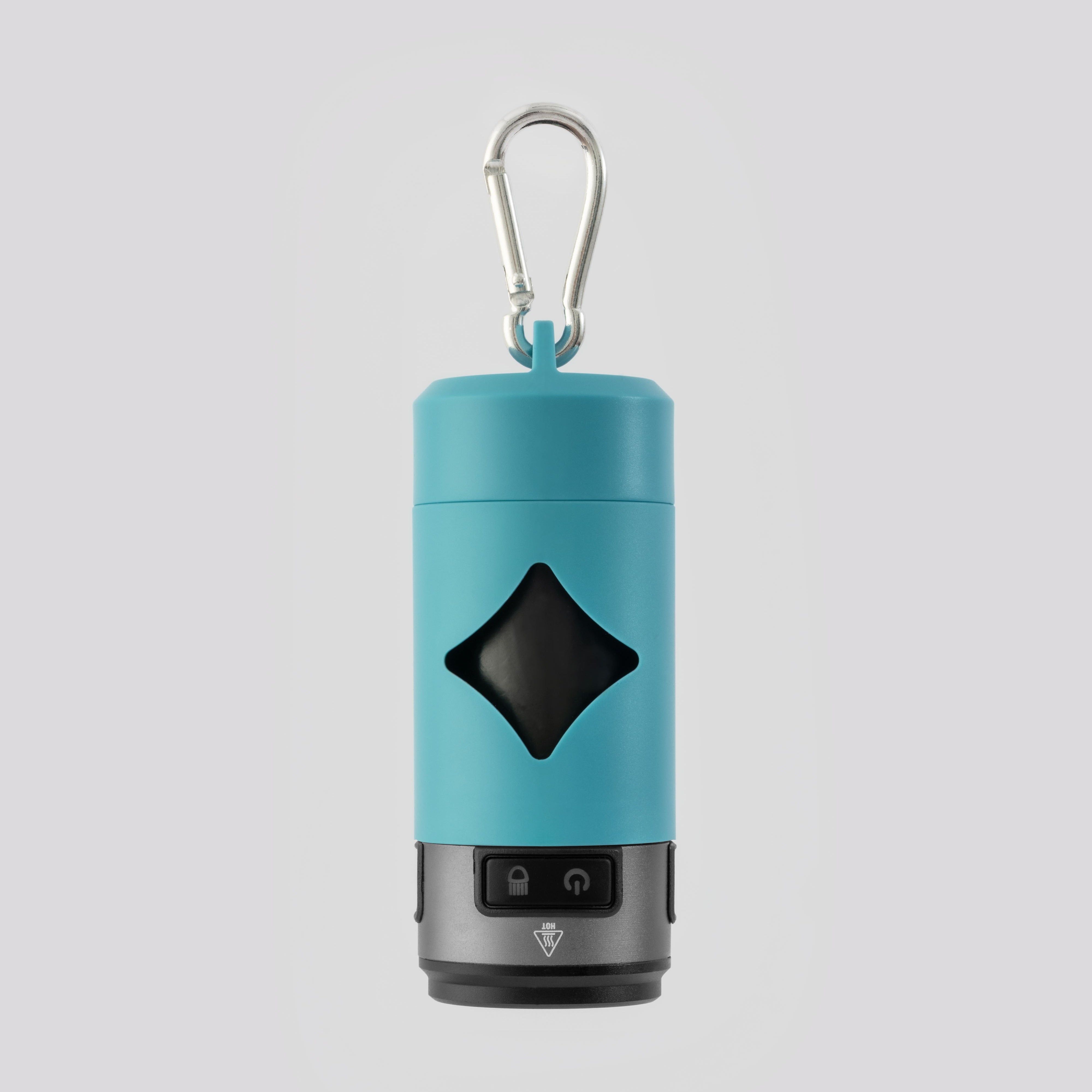 Blue dog waste bag holder with a carabiner on a light gray background