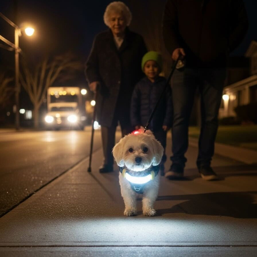 Small dog on a leash with a glowing harness, walking on a sidewalk at night with a person and child behind it.