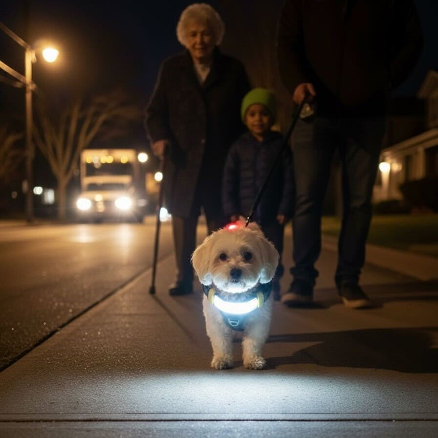 Small dog on a leash with a glowing harness, walking on a sidewalk at night with a person and child behind it.