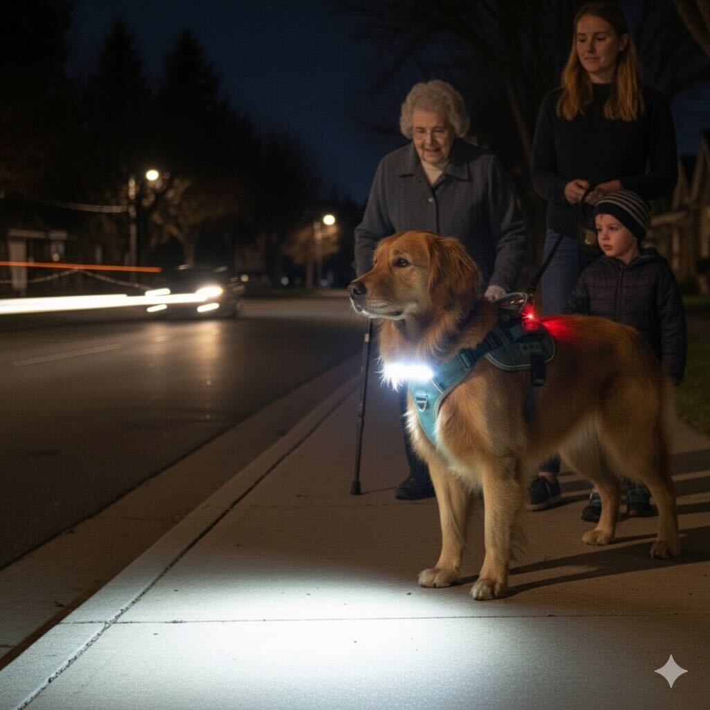 Dog wearing a light-up harness on a sidewalk at night with people and cars in the background.