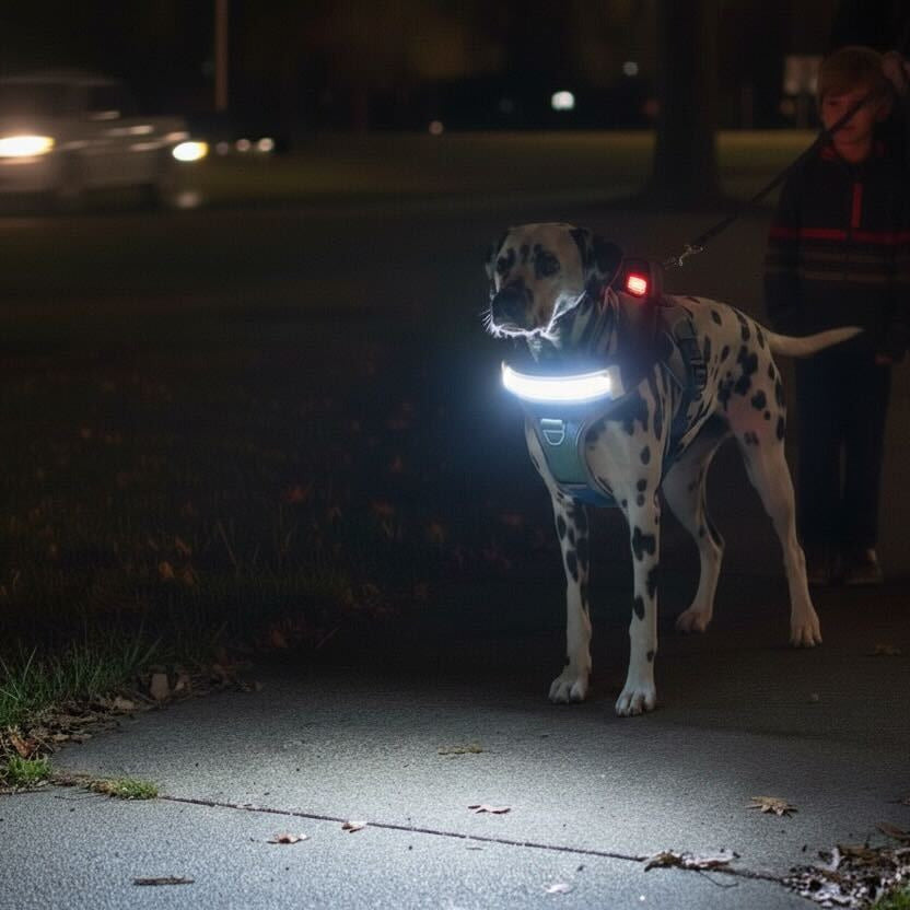 Dalmatian dog wearing a lighted harness on a dark path at night.