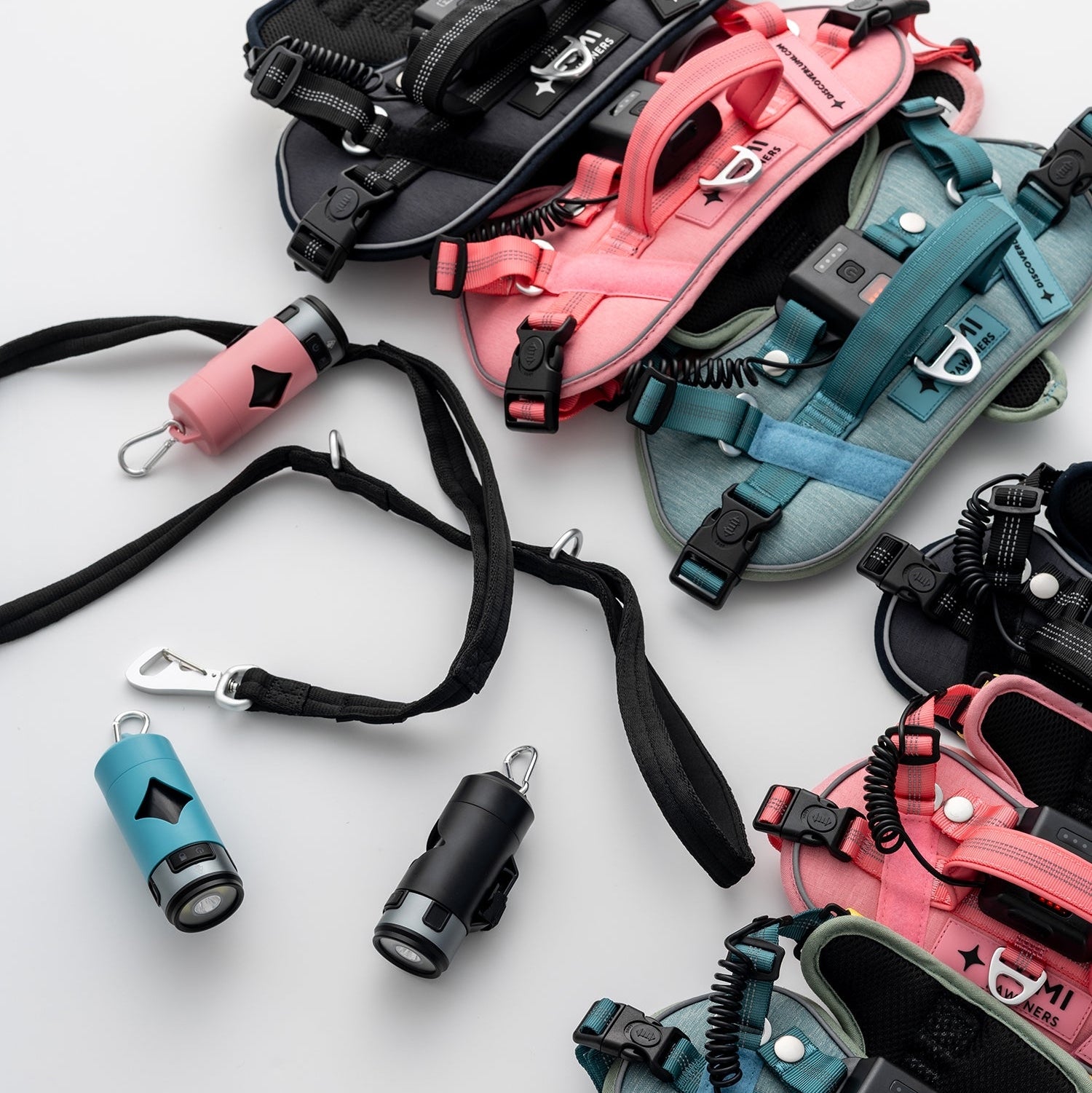 Collection of colorful dog harnesses and accessories on a light gray background