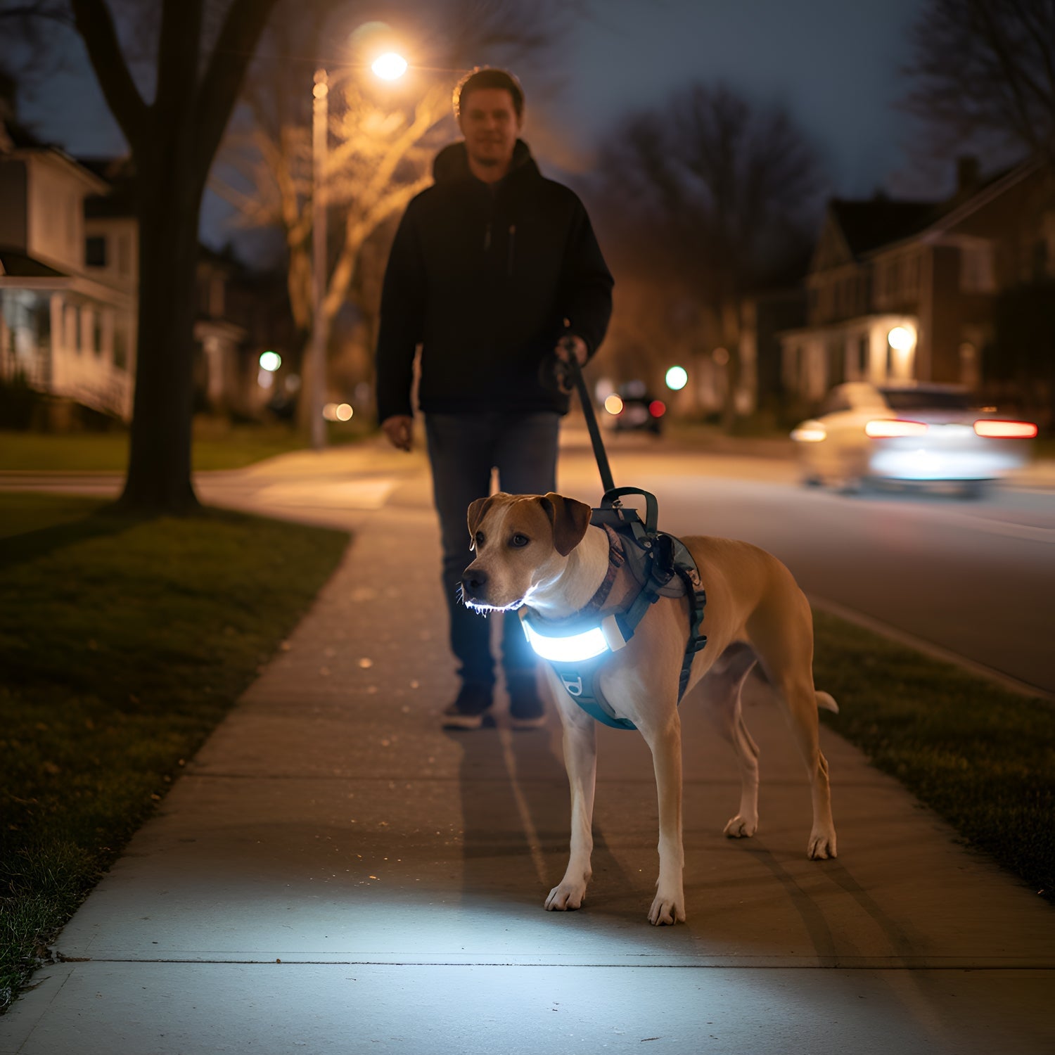Man walking a dog on a leash at night with a light-up harness in a suburban neighborhood.