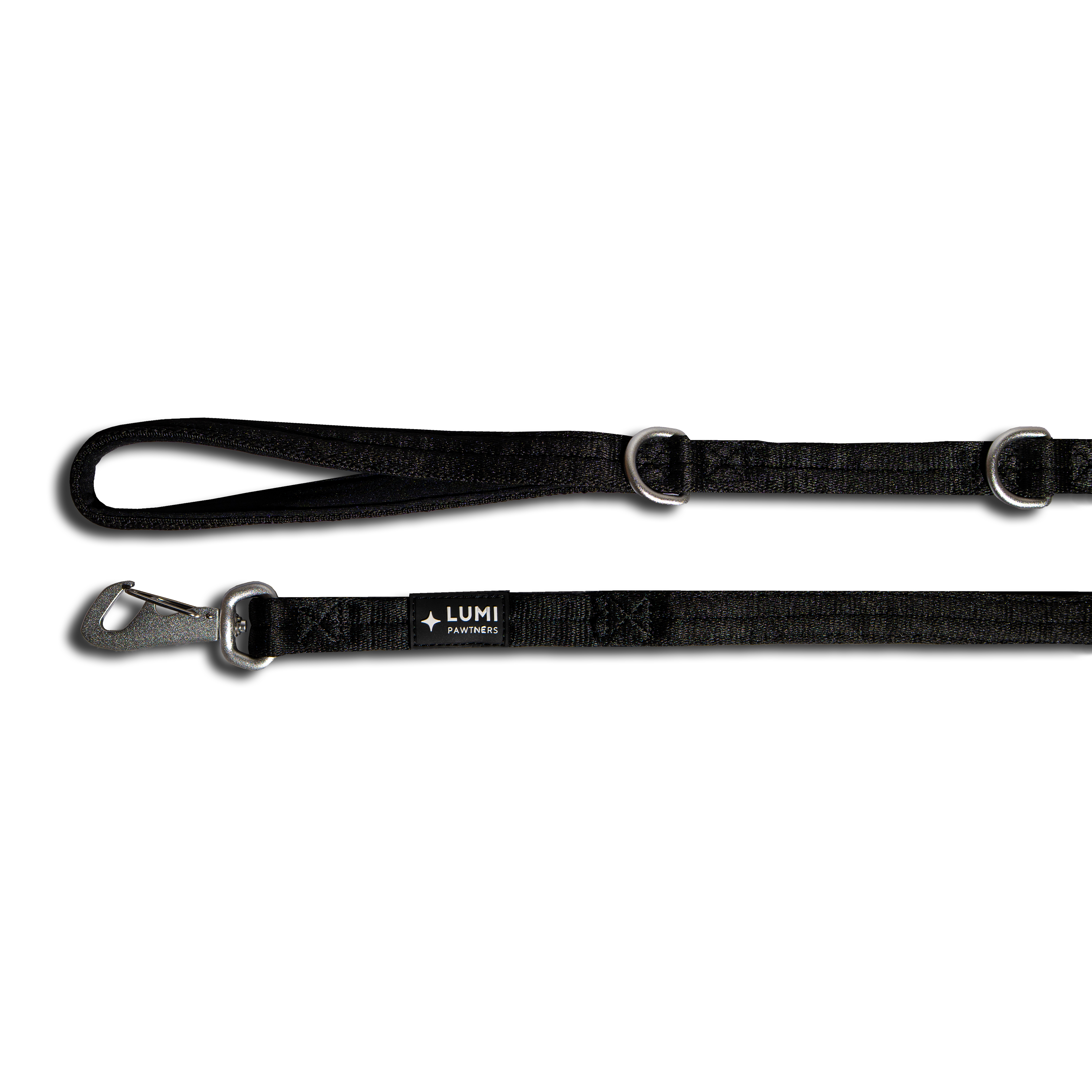 Black dog leash with metal clips on a white background