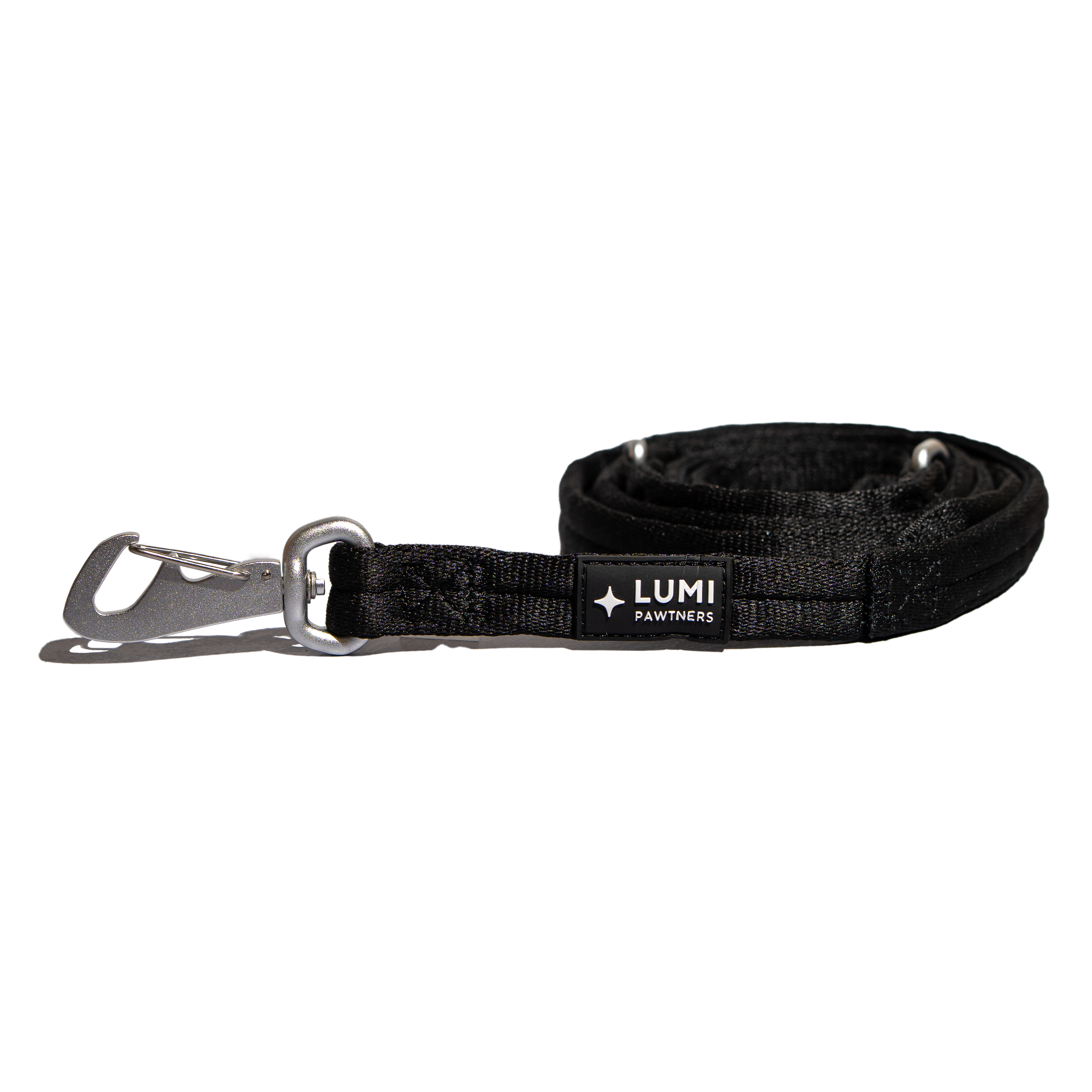 Black dog leash with metal clip on a white background, featuring the LUMI Pawtners brand.