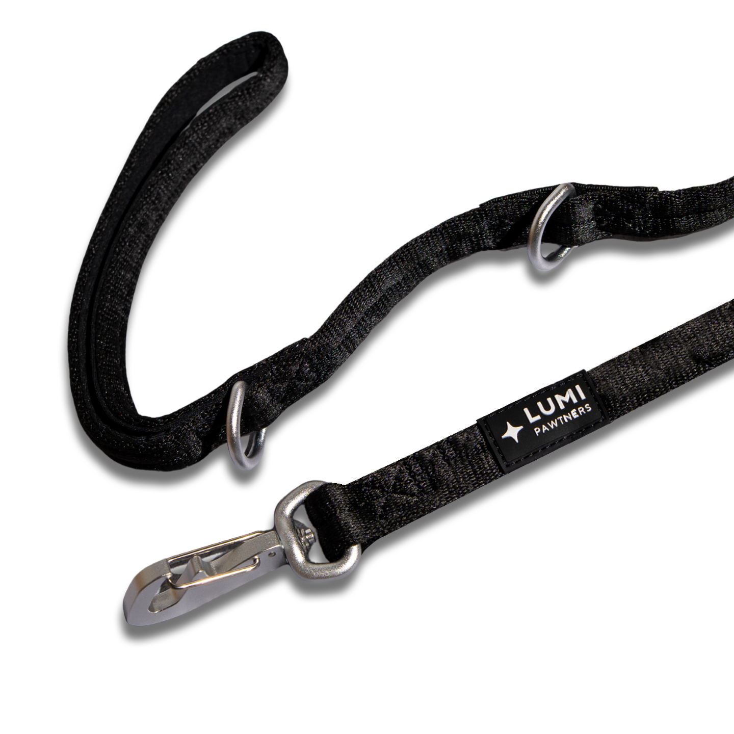 Black dog leash with metal clip on a white background, featuring the Lumi Pawtners logo.